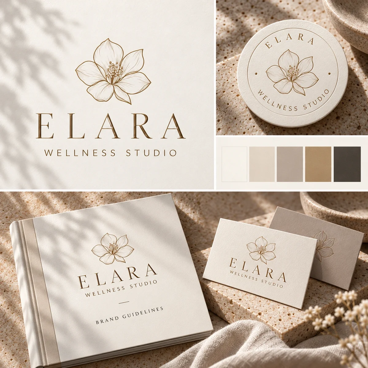 Elara concept identity with floral logo, coordinated stationery, colour palette and brand guidelines