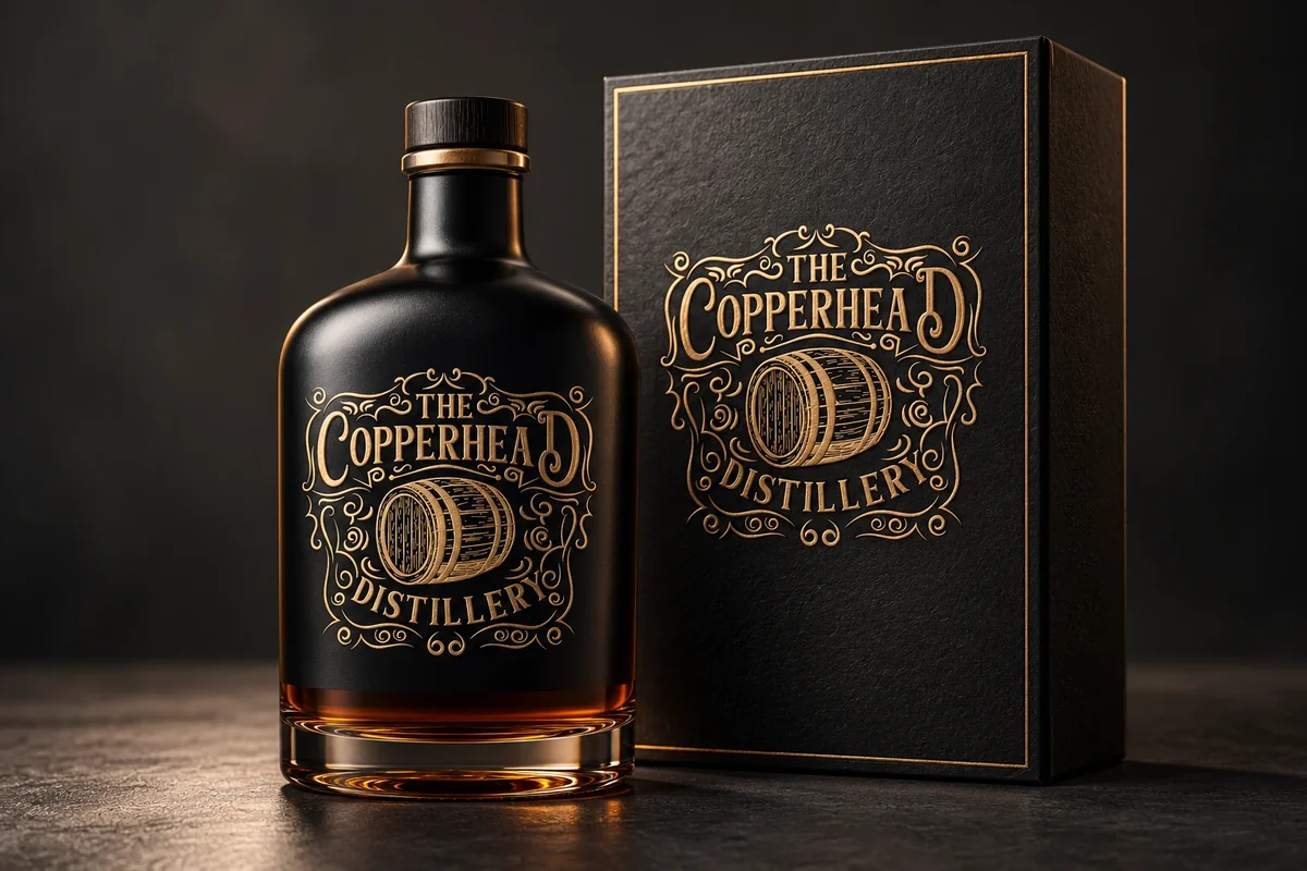 Copperhead Distillery bottle and presentation box with gold detailing