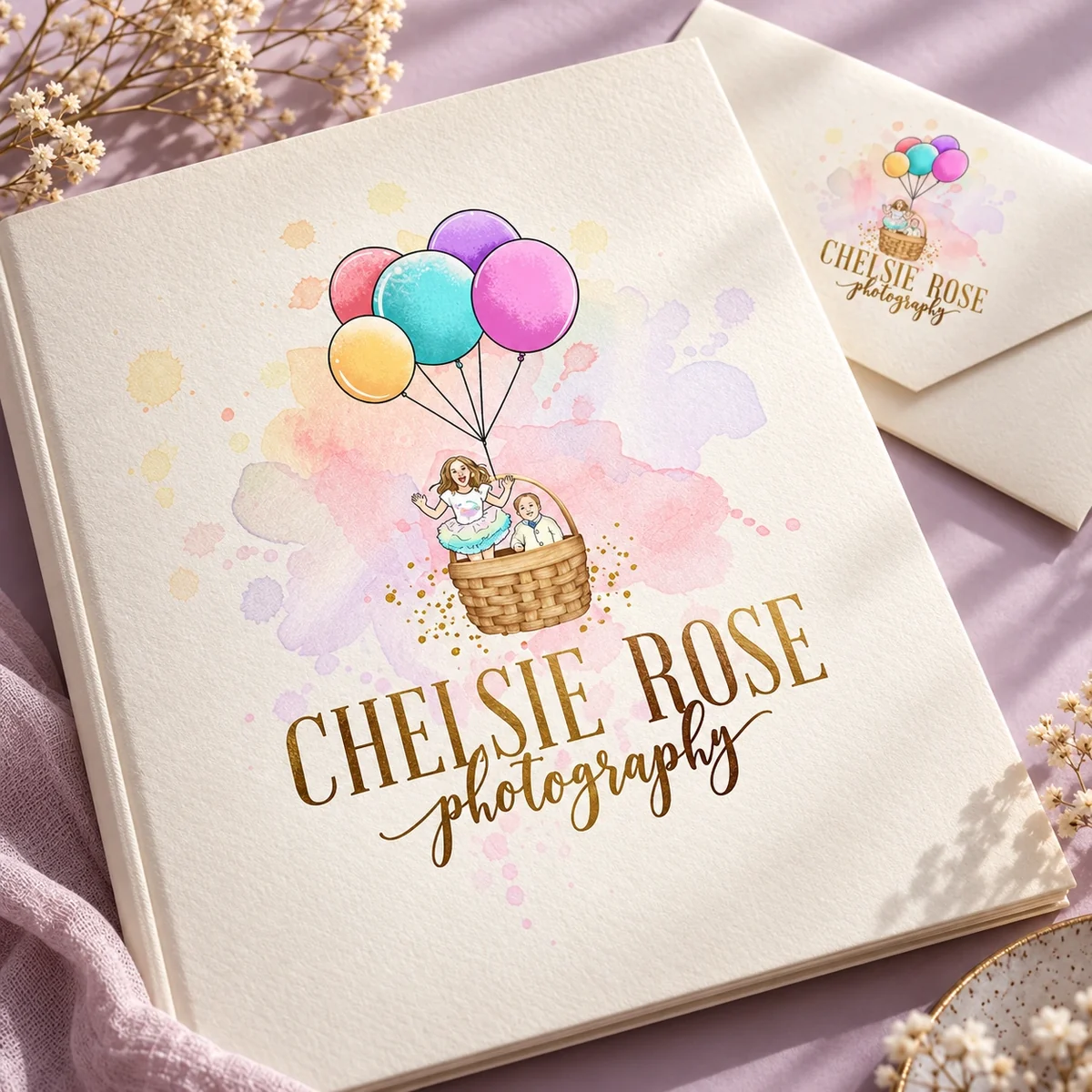 Chelsie Rose Photography balloon illustration logo on cream stationery