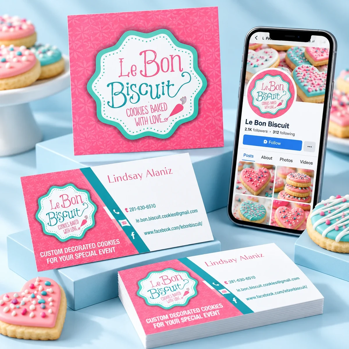 Le Bon Biscuit logo, business cards and social media mockup on a light blue background