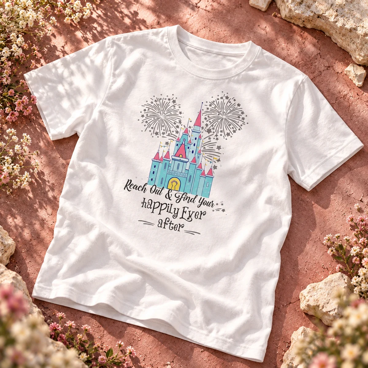 Pastel castle and fireworks artwork on a white cotton T-shirt in a styled rose flat lay