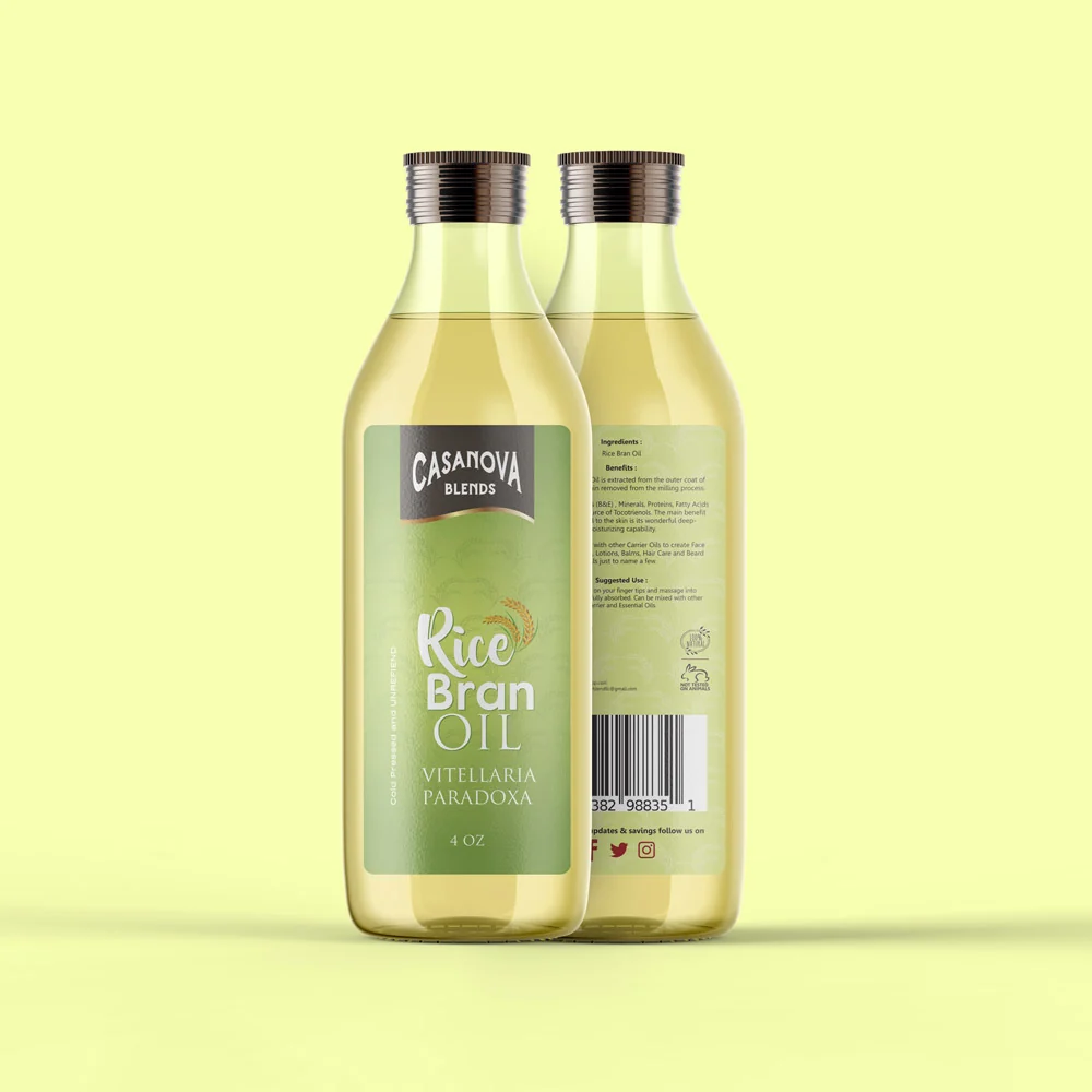 Casanova Blends Rice Bran Oil front and back labels against a pale yellow background