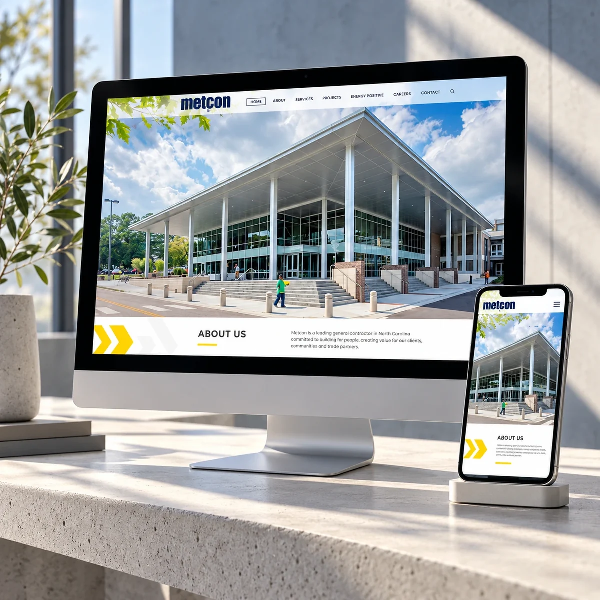 Metcon website design presented on a desktop monitor and mobile phone