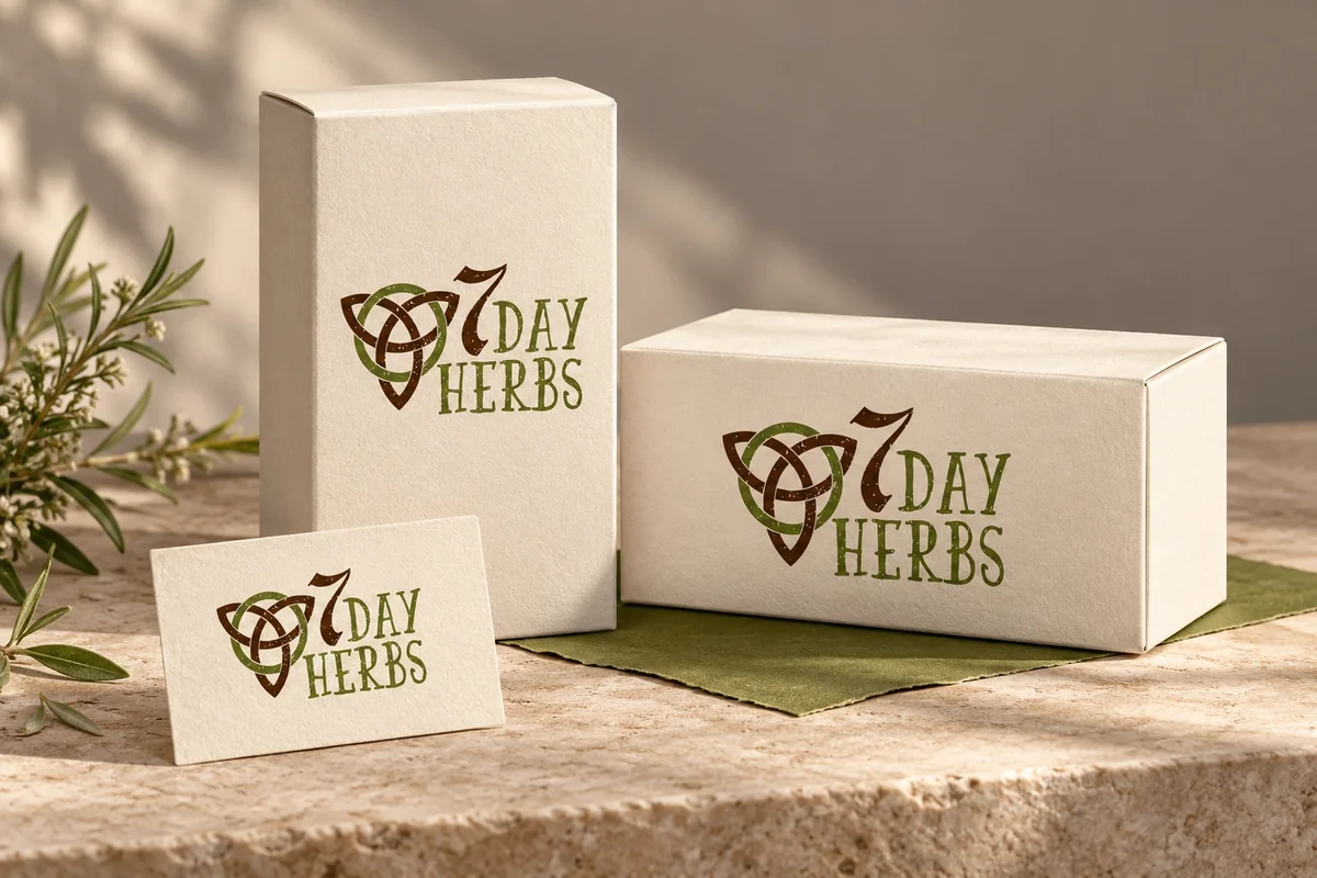 7 Day Herbs logo applied to ivory boxes in a botanical packaging presentation concept