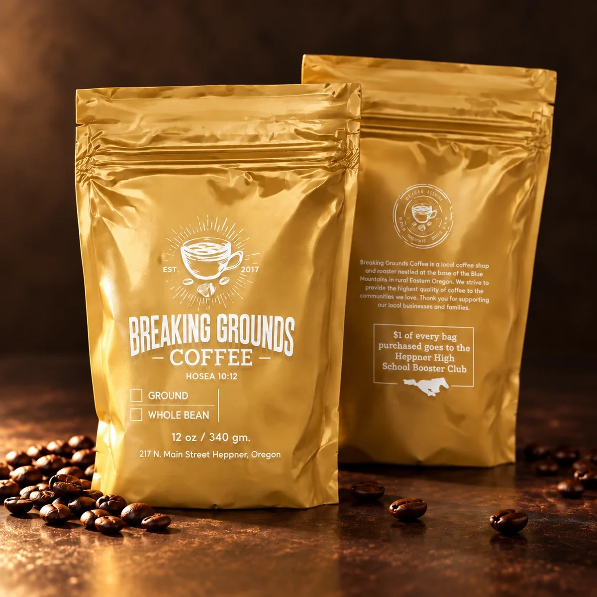 Gold Breaking Grounds Coffee pouches presented with coffee beans