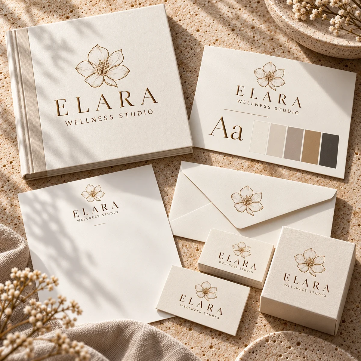 Elara Wellness Studio design details and portfolio artwork