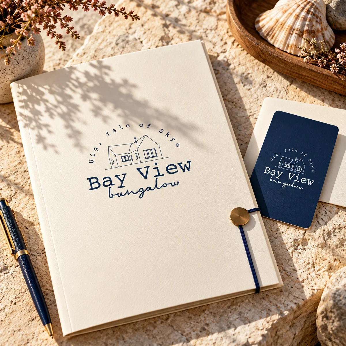 Bay View Bungalow logo on cream stationery and a navy card, surrounded by coastal textures