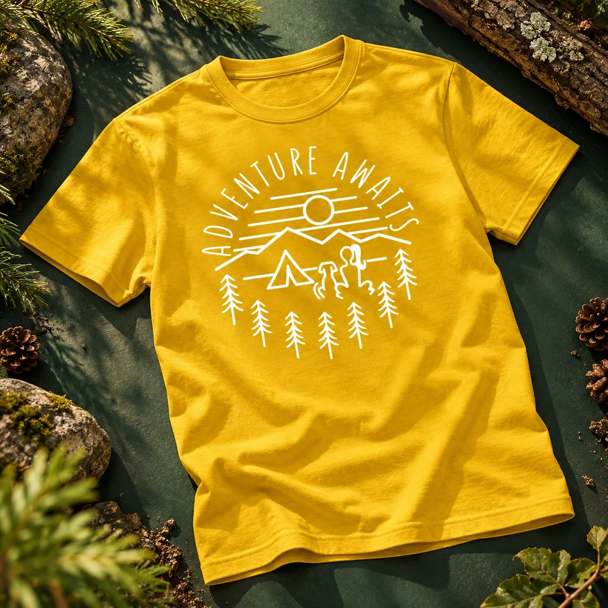 Yellow Adventure Awaits T-shirt with white outdoor illustration in a natural setting